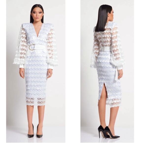 Zhivago It's Over White Tassle Lace Fringe Belted Long Sleeve Midi Dress Size 10 - Picture 1 of 10